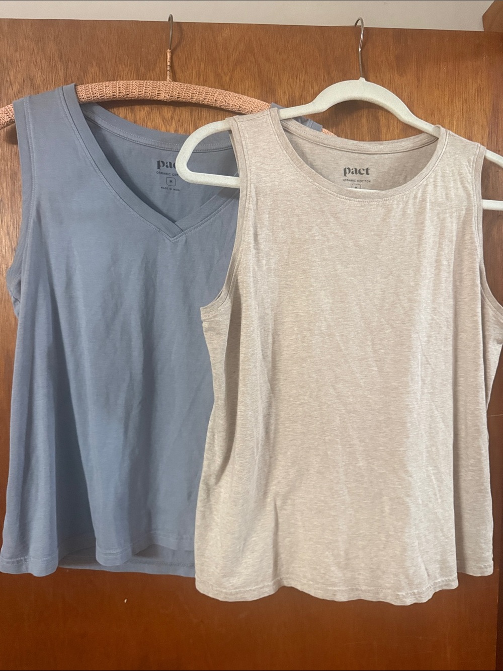 Pact Sleeveless Tank Tops in Dusty Blue and Light Beige